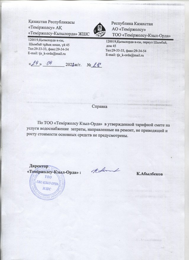 Отчет об исполнении тарифной сметы за  2021 год ТОО "Темиржолсу Кызыл-Орда"